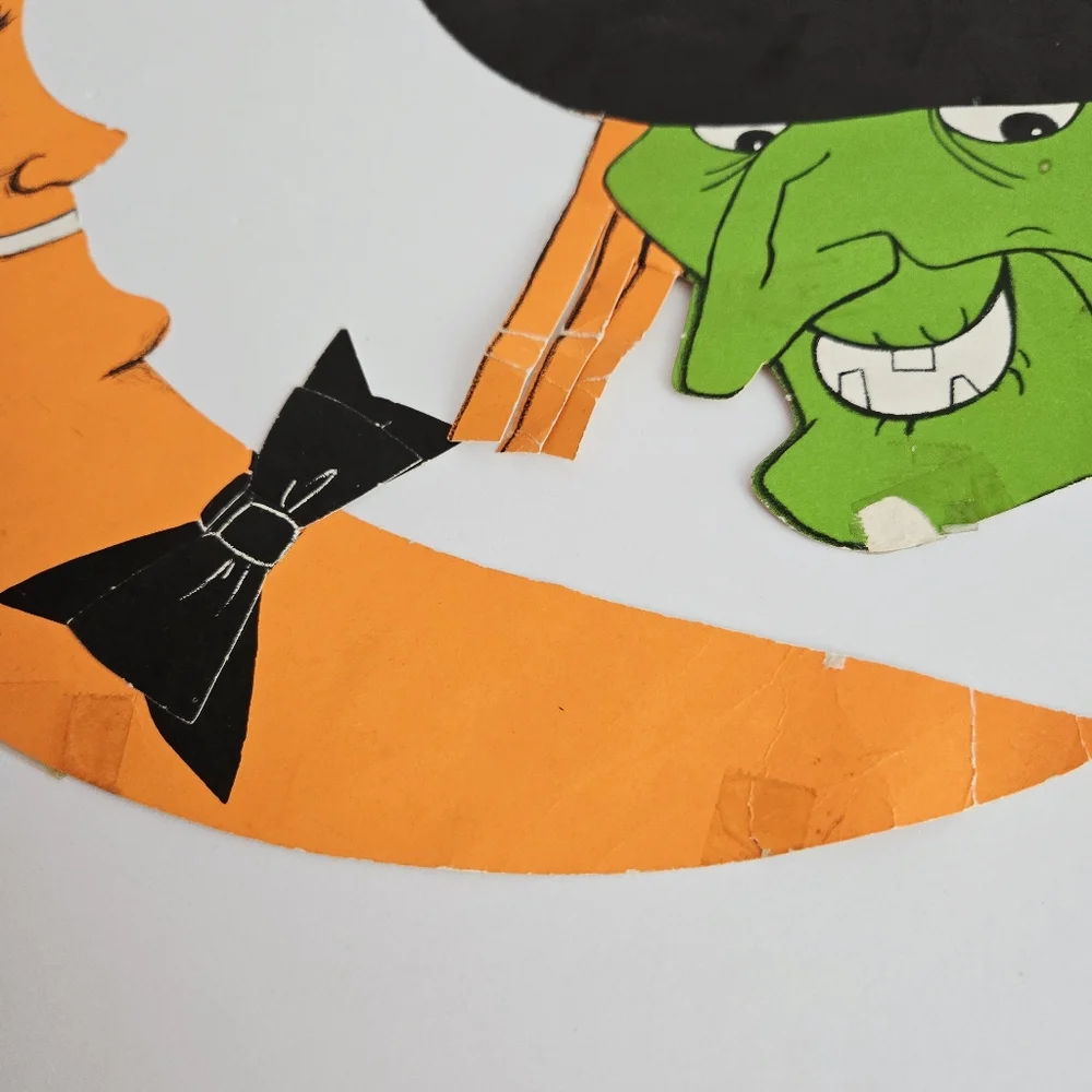 Vintage Halloween Die Cut Paper Wall Decorations Neon Witch Moon 70s Lot of 2